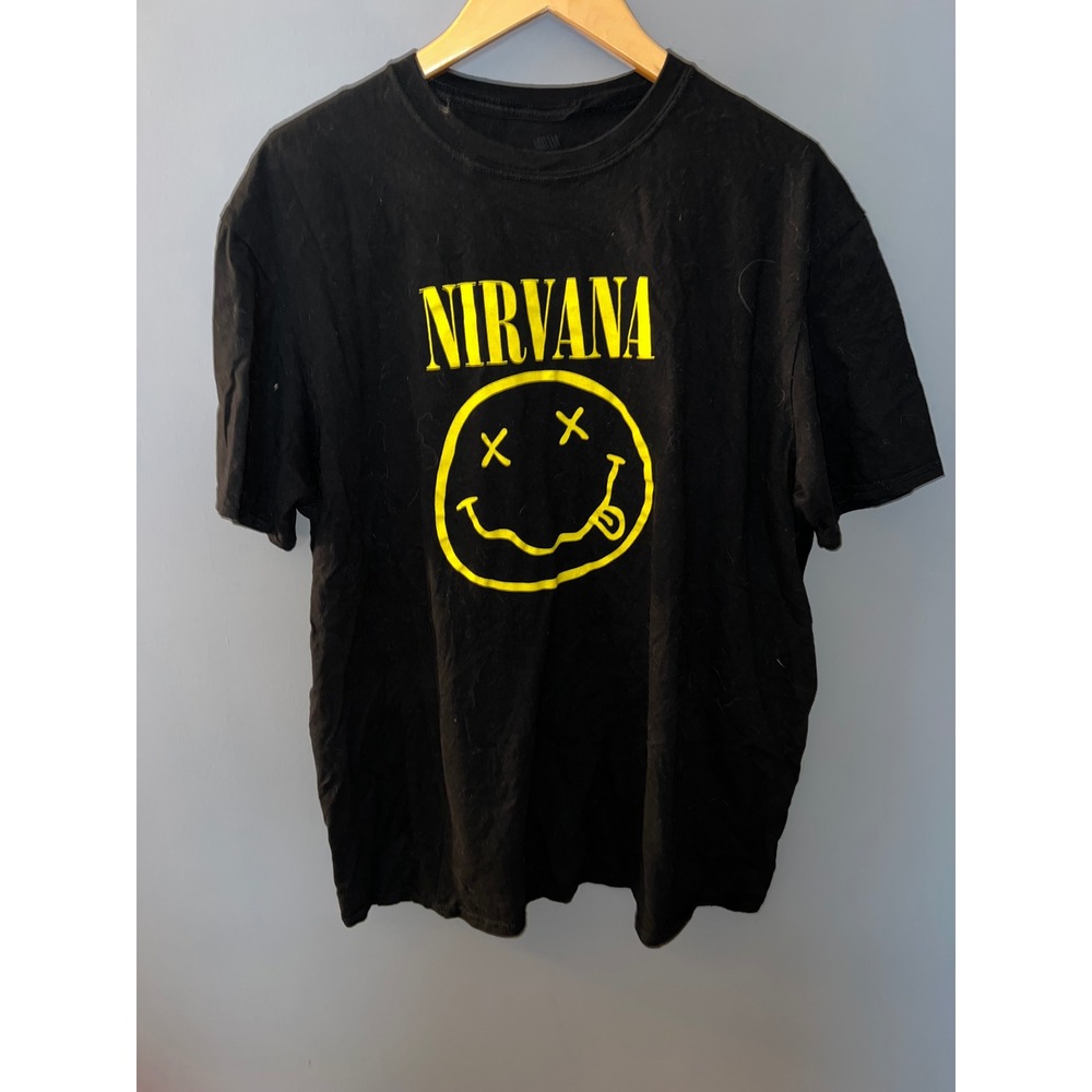 Nirvana Smiley Face Graphic T-Shirt Mens 2XL Black Short Sleeve Band Tee Grunge